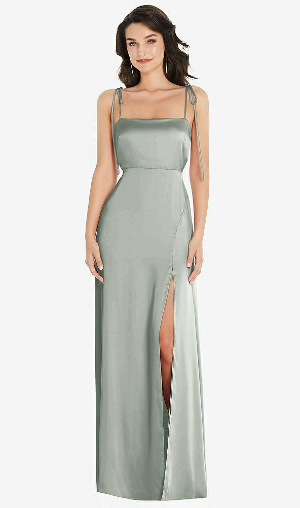 Front View - Willow Green Skinny Tie-Shoulder Satin Maxi Dress with Front Slit