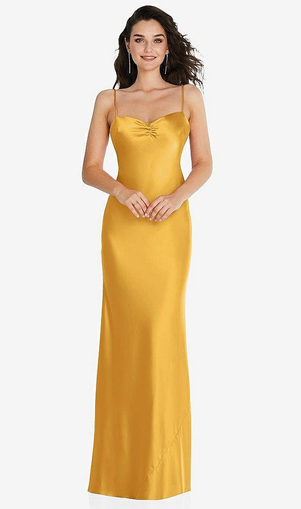 Front View - NYC Yellow Open-Back Convertible Strap Maxi Bias Slip Dress