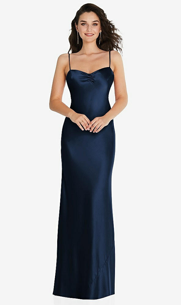 Front View - Midnight Navy Open-Back Convertible Strap Maxi Bias Slip Dress