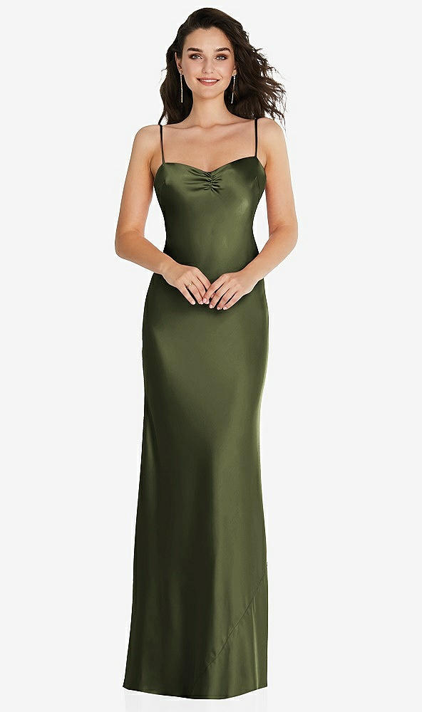 Front View - Olive Green Open-Back Convertible Strap Maxi Bias Slip Dress