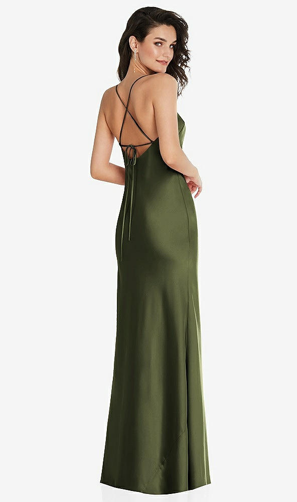 Back View - Olive Green Open-Back Convertible Strap Maxi Bias Slip Dress
