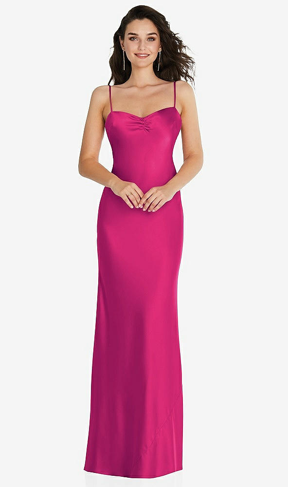Front View - Think Pink Open-Back Convertible Strap Maxi Bias Slip Dress