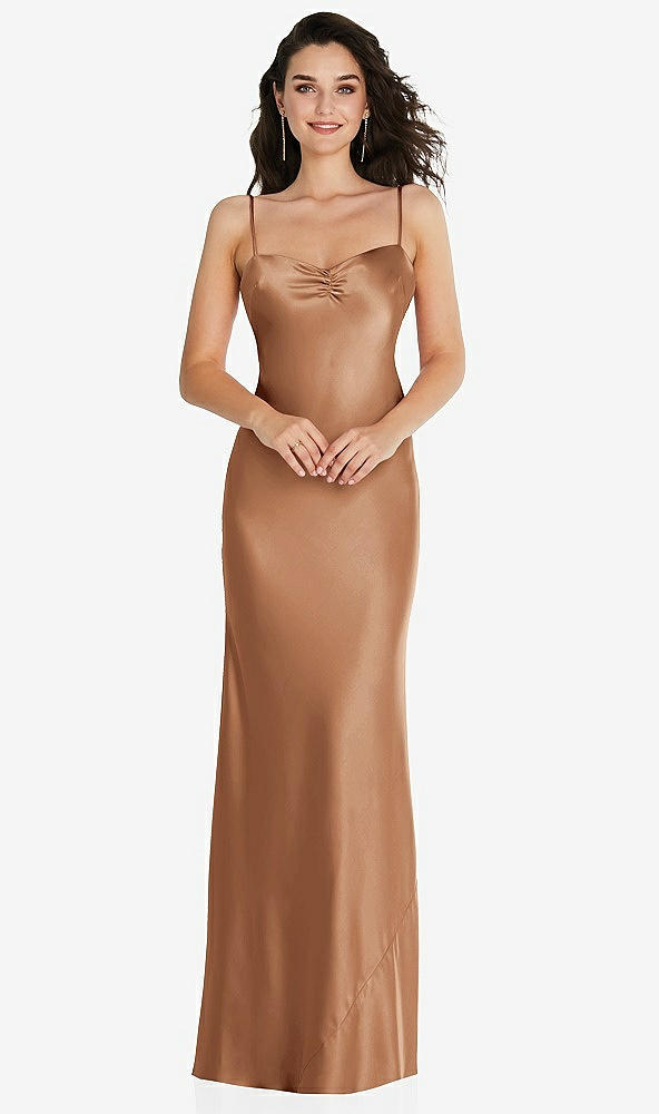 Front View - Toffee Open-Back Convertible Strap Maxi Bias Slip Dress
