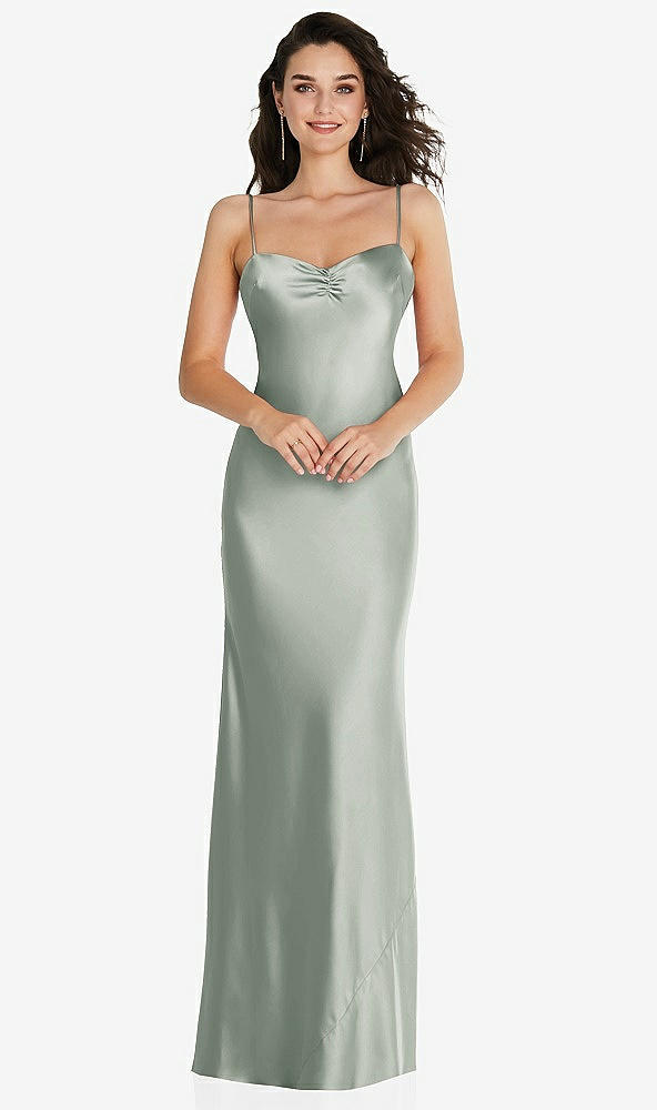Front View - Willow Green Open-Back Convertible Strap Maxi Bias Slip Dress