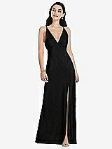 Front View Thumbnail - Black Deep V-Neck Metallic Gown with Convertible Straps