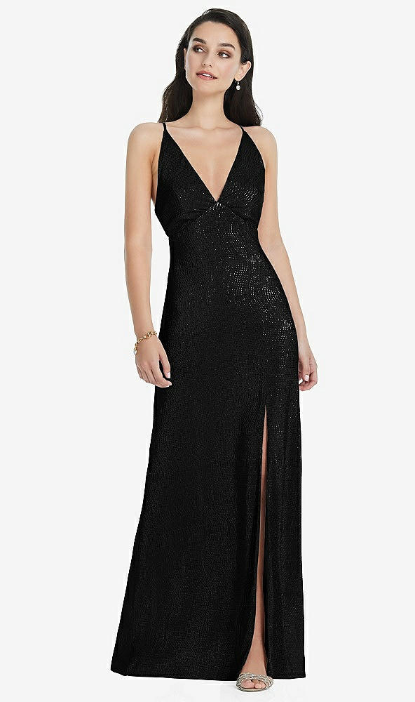 Front View - Black Deep V-Neck Metallic Gown with Convertible Straps