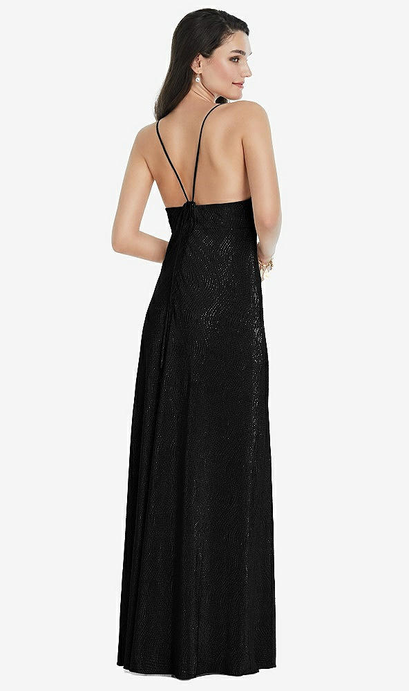 Back View - Black Deep V-Neck Metallic Gown with Convertible Straps