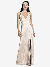 Front View Thumbnail - Rose Gold Deep V-Neck Metallic Gown with Convertible Straps