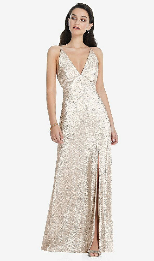 Front View - Rose Gold Deep V-Neck Metallic Gown with Convertible Straps