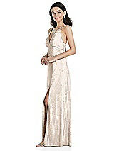 Side View Thumbnail - Rose Gold Deep V-Neck Metallic Gown with Convertible Straps