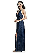 Side View Thumbnail - Midnight Navy Deep V-Neck Metallic Gown with Convertible Straps