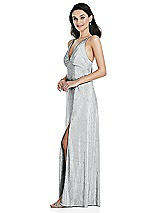 Side View Thumbnail - Silver Deep V-Neck Metallic Gown with Convertible Straps