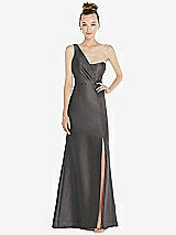 Front View Thumbnail - Caviar Gray Draped One-Shoulder Satin Trumpet Gown with Front Slit