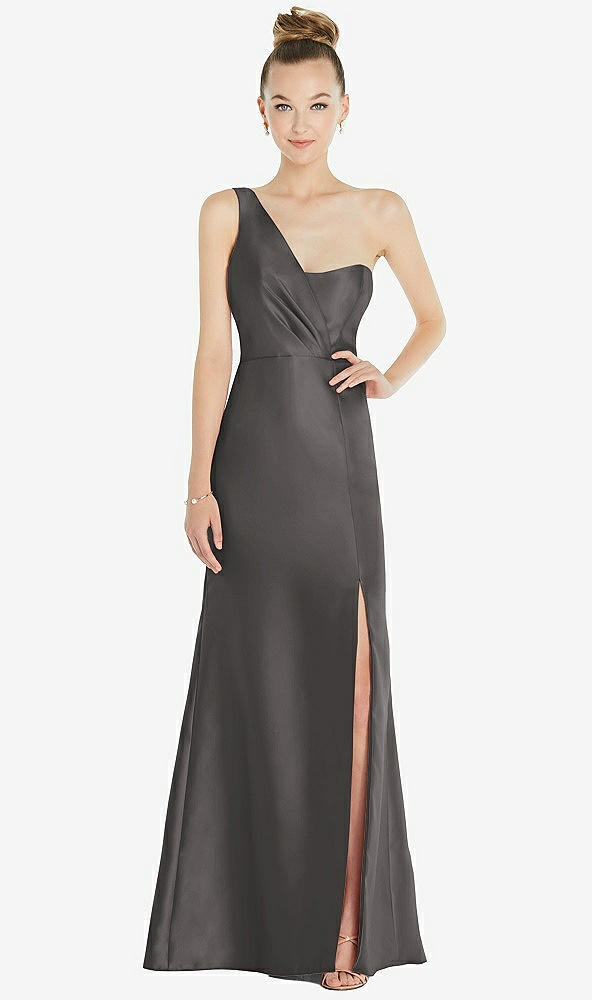 Front View - Caviar Gray Draped One-Shoulder Satin Trumpet Gown with Front Slit