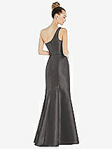 Rear View Thumbnail - Caviar Gray Draped One-Shoulder Satin Trumpet Gown with Front Slit