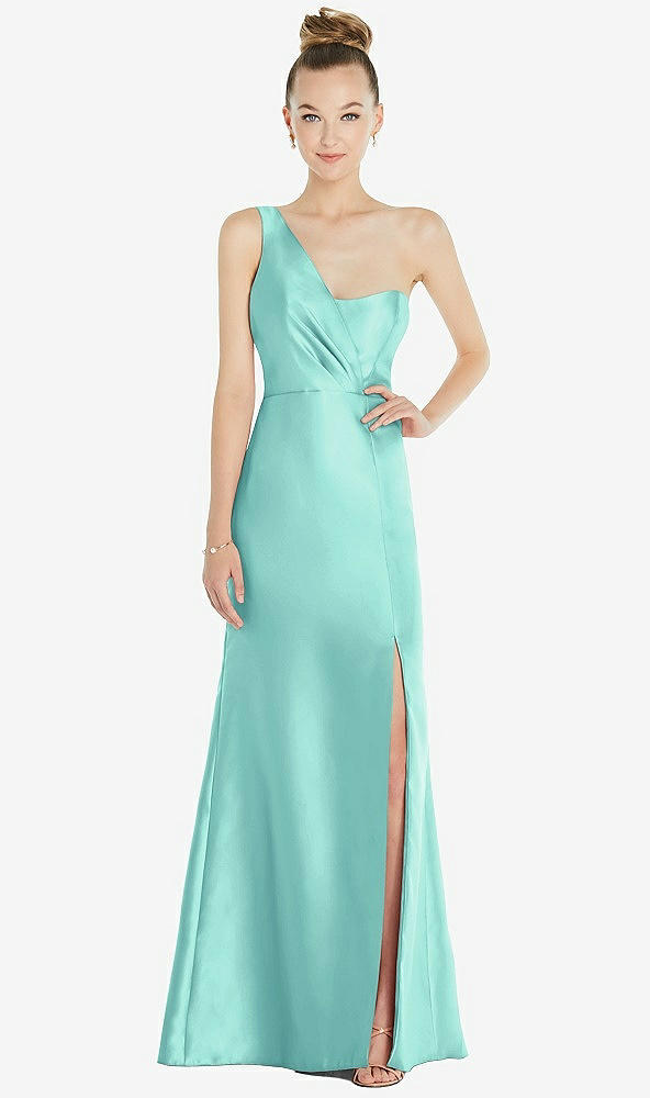 Front View - Coastal Draped One-Shoulder Satin Trumpet Gown with Front Slit