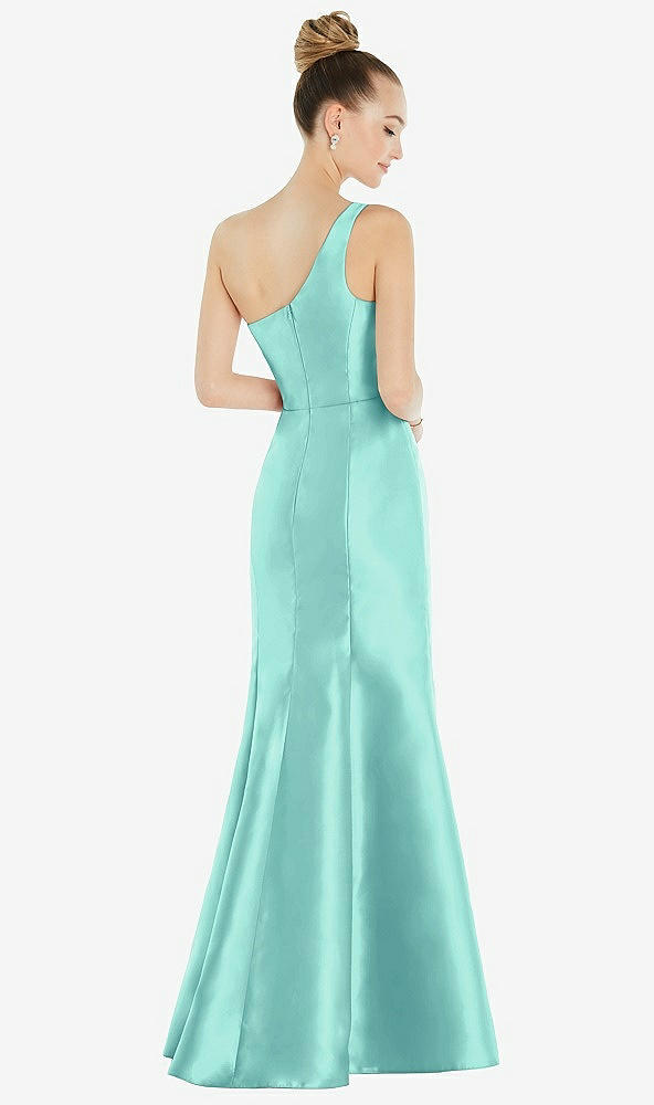 Back View - Coastal Draped One-Shoulder Satin Trumpet Gown with Front Slit