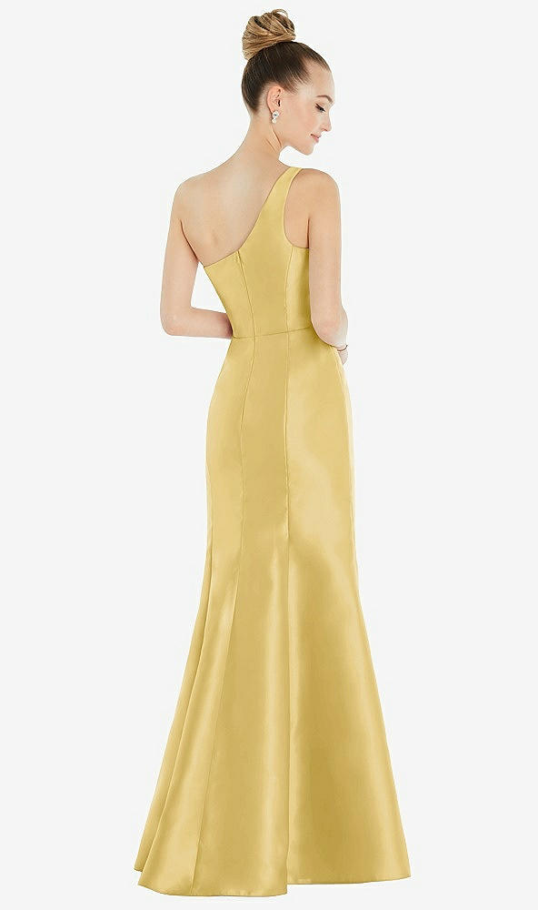 Back View - Maize Draped One-Shoulder Satin Trumpet Gown with Front Slit