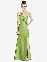 Front View Thumbnail - Mojito Draped One-Shoulder Satin Trumpet Gown with Front Slit