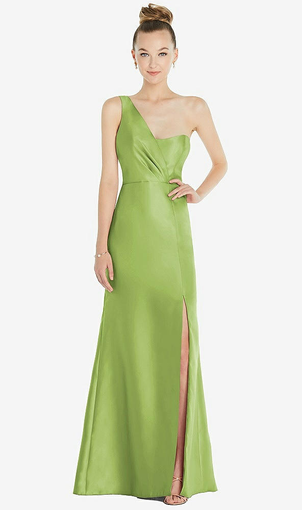 Front View - Mojito Draped One-Shoulder Satin Trumpet Gown with Front Slit