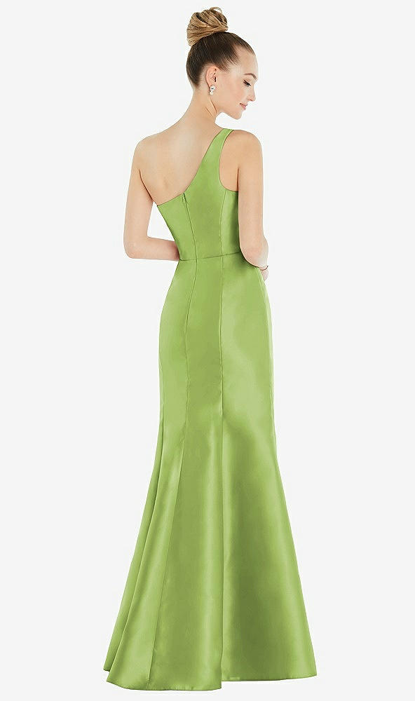 Back View - Mojito Draped One-Shoulder Satin Trumpet Gown with Front Slit