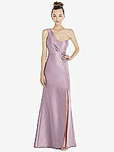 Front View Thumbnail - Suede Rose Draped One-Shoulder Satin Trumpet Gown with Front Slit