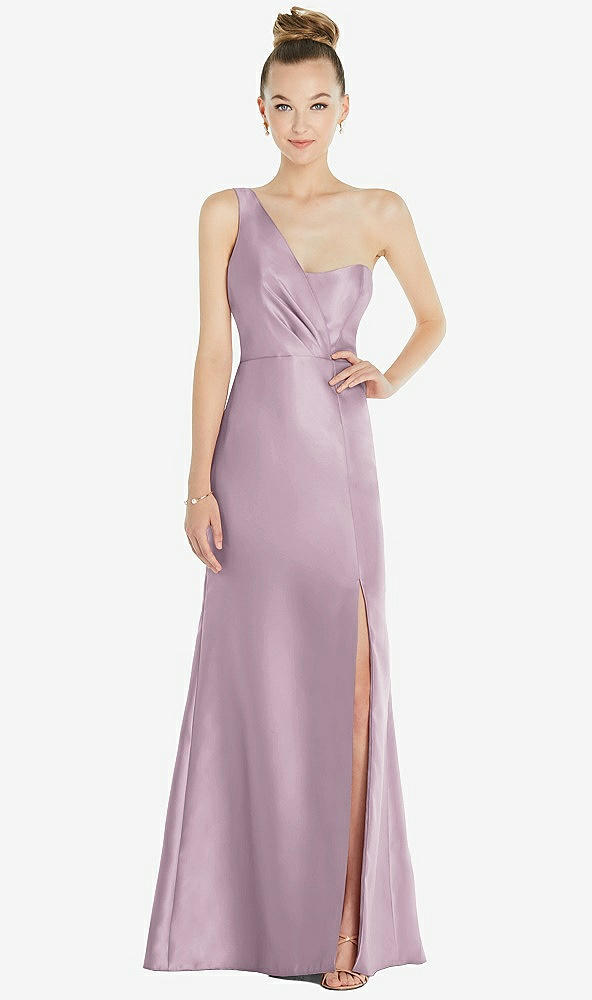 Front View - Suede Rose Draped One-Shoulder Satin Trumpet Gown with Front Slit
