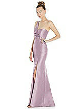 Side View Thumbnail - Suede Rose Draped One-Shoulder Satin Trumpet Gown with Front Slit