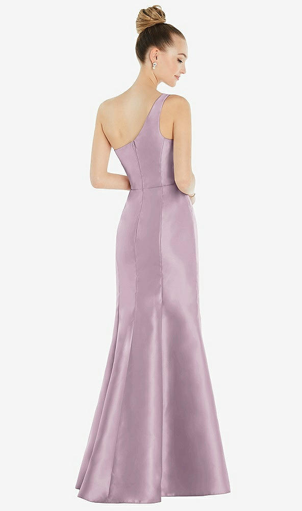 Back View - Suede Rose Draped One-Shoulder Satin Trumpet Gown with Front Slit