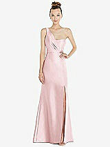 Front View Thumbnail - Ballet Pink Draped One-Shoulder Satin Trumpet Gown with Front Slit