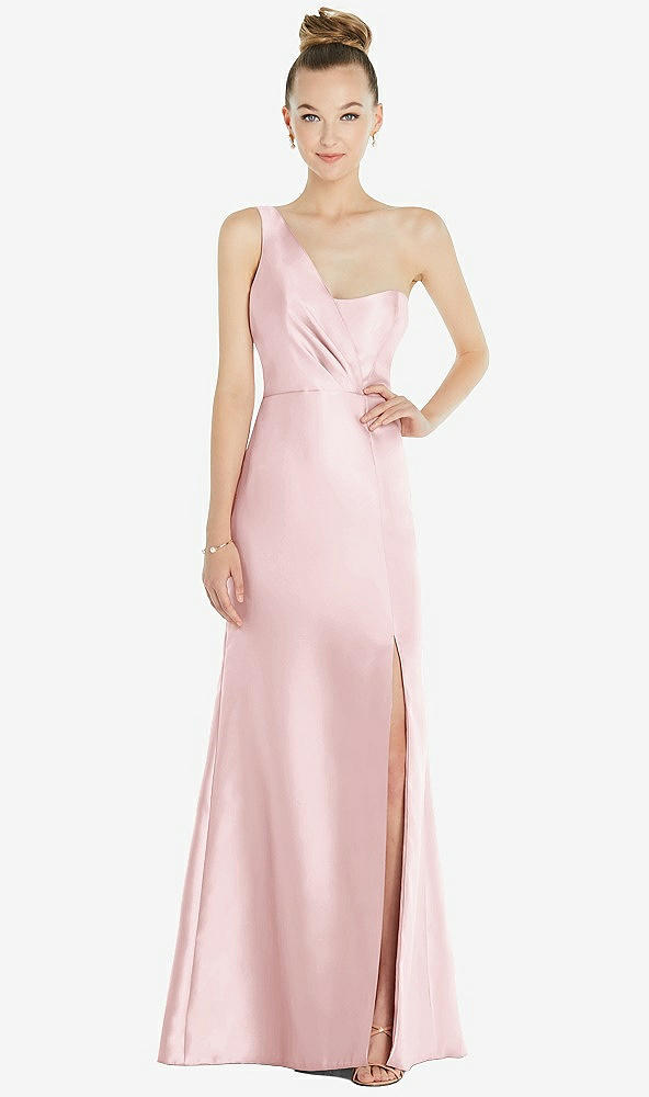 Front View - Ballet Pink Draped One-Shoulder Satin Trumpet Gown with Front Slit