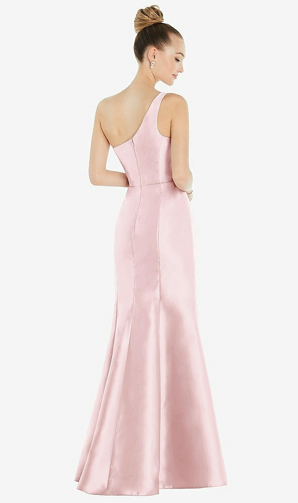 Back View - Ballet Pink Draped One-Shoulder Satin Trumpet Gown with Front Slit
