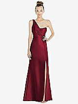 Front View Thumbnail - Burgundy Draped One-Shoulder Satin Trumpet Gown with Front Slit