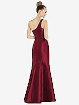 Rear View Thumbnail - Burgundy Draped One-Shoulder Satin Trumpet Gown with Front Slit