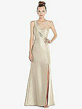 Front View Thumbnail - Champagne Draped One-Shoulder Satin Trumpet Gown with Front Slit