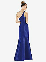 Rear View Thumbnail - Cobalt Blue Draped One-Shoulder Satin Trumpet Gown with Front Slit