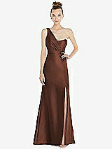 Front View Thumbnail - Cognac Draped One-Shoulder Satin Trumpet Gown with Front Slit