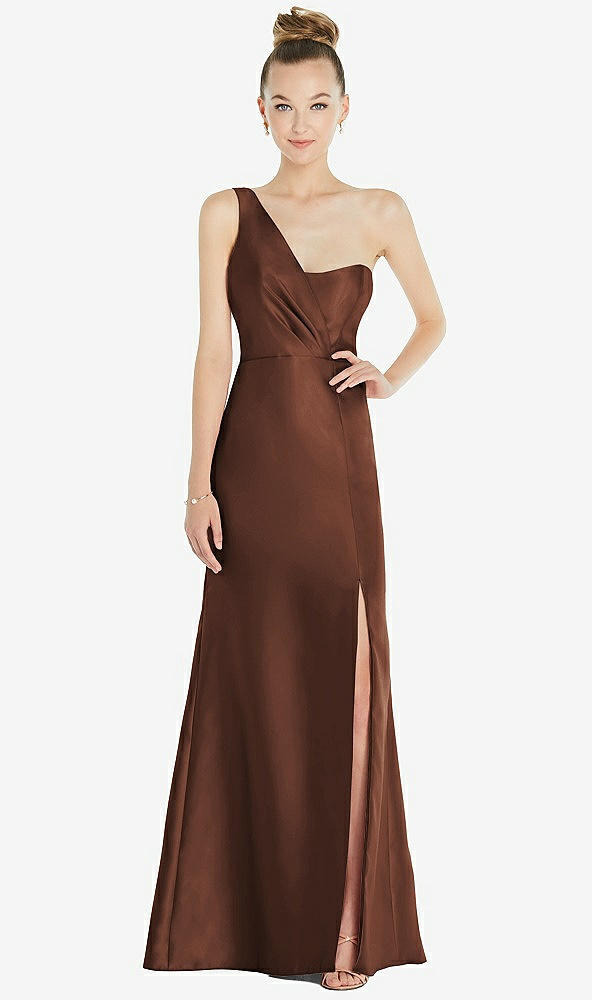 Front View - Cognac Draped One-Shoulder Satin Trumpet Gown with Front Slit
