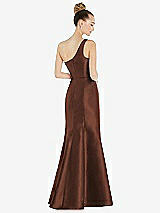 Rear View Thumbnail - Cognac Draped One-Shoulder Satin Trumpet Gown with Front Slit
