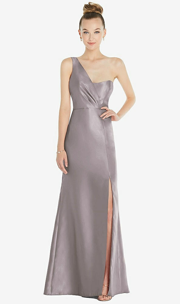 Front View - Cashmere Gray Draped One-Shoulder Satin Trumpet Gown with Front Slit