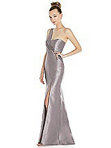 Side View Thumbnail - Cashmere Gray Draped One-Shoulder Satin Trumpet Gown with Front Slit