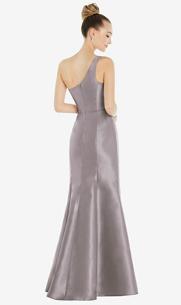 Back View - Cashmere Gray Draped One-Shoulder Satin Trumpet Gown with Front Slit