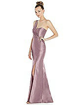 Side View Thumbnail - Dusty Rose Draped One-Shoulder Satin Trumpet Gown with Front Slit