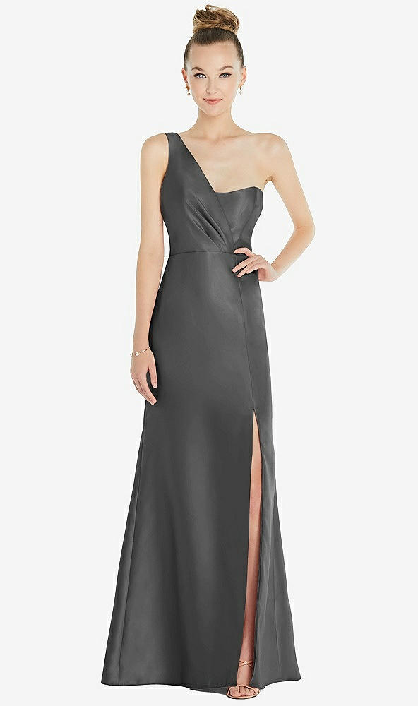 Front View - Gunmetal Draped One-Shoulder Satin Trumpet Gown with Front Slit