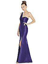 Side View Thumbnail - Grape Draped One-Shoulder Satin Trumpet Gown with Front Slit