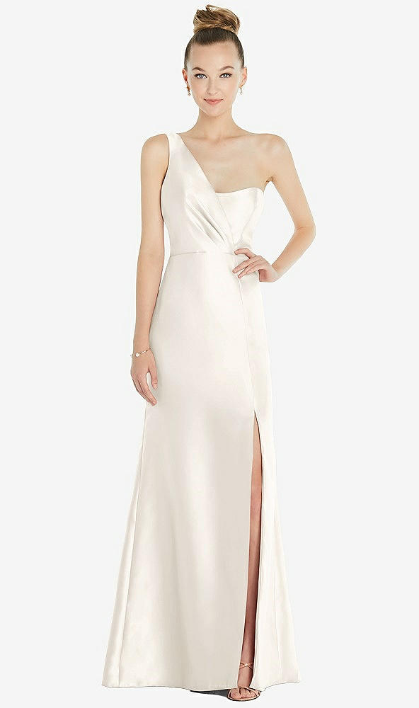 Front View - Ivory Draped One-Shoulder Satin Trumpet Gown with Front Slit