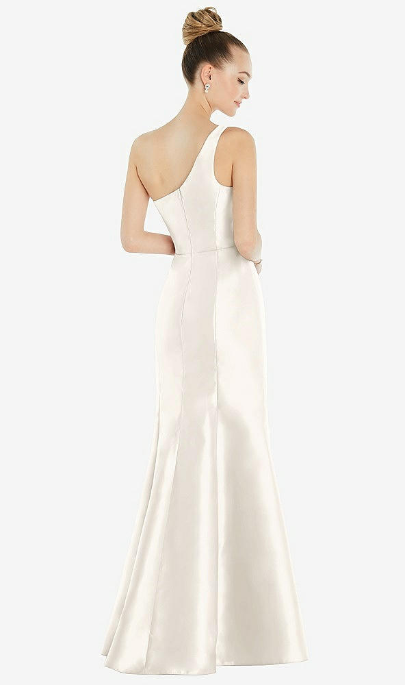 Back View - Ivory Draped One-Shoulder Satin Trumpet Gown with Front Slit