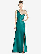 Front View Thumbnail - Jade Draped One-Shoulder Satin Trumpet Gown with Front Slit