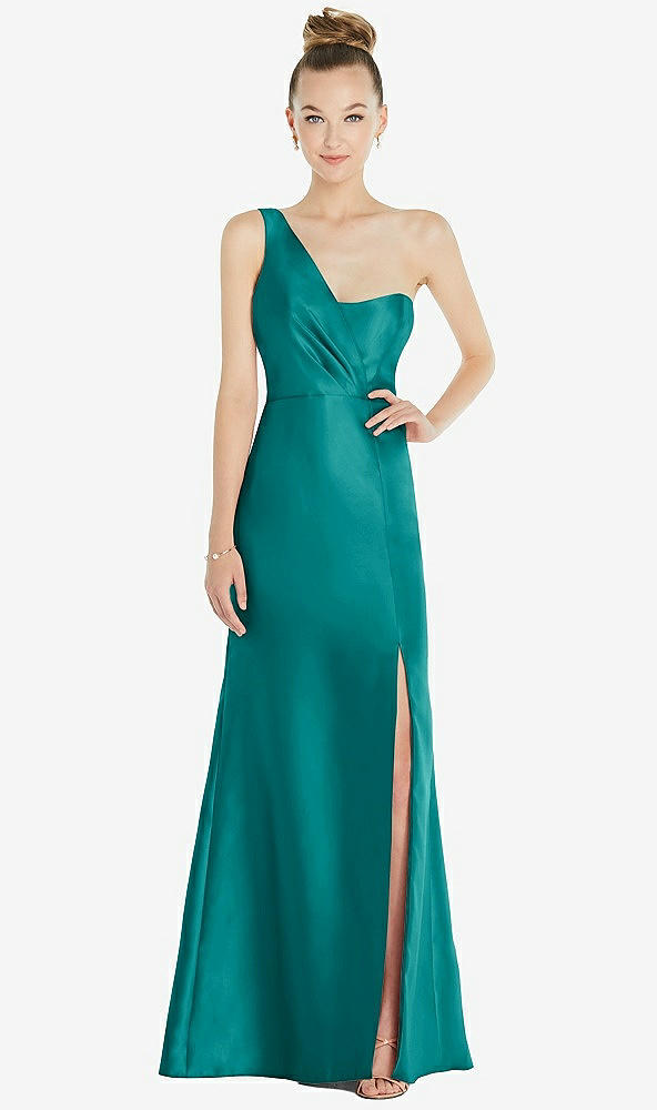 Front View - Jade Draped One-Shoulder Satin Trumpet Gown with Front Slit