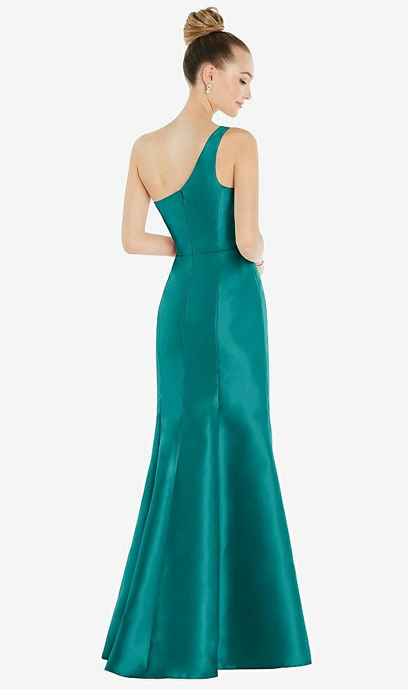 Back View - Jade Draped One-Shoulder Satin Trumpet Gown with Front Slit
